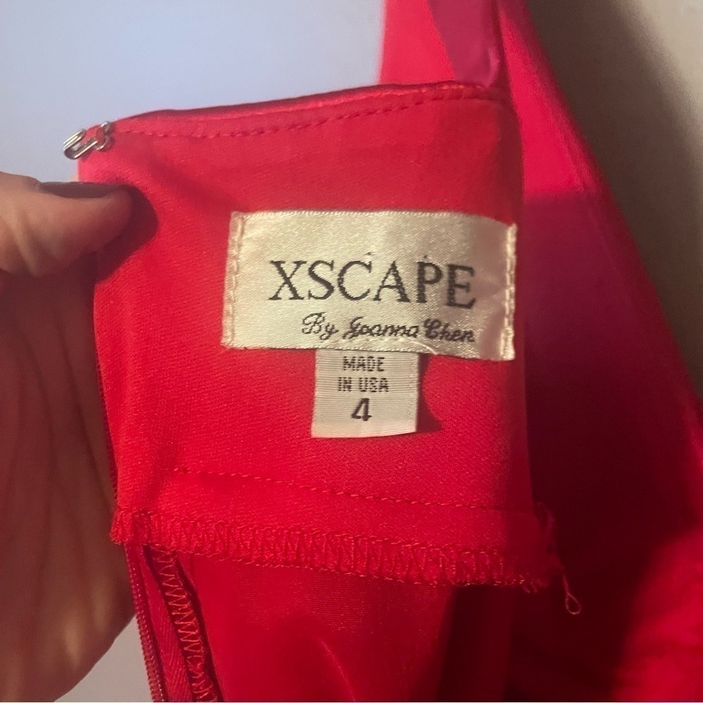 Xscape Red Satin Ruched Rosette Shoulder Midi Dress Size Small/4 - Picture 13 of 13